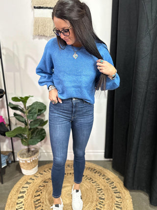 Amie Balloon Sleeve Knit Sweater Blue-Sweaters-rc-Motis & Co Boutique, Women's Fashion Boutique in Carthage, Missouri