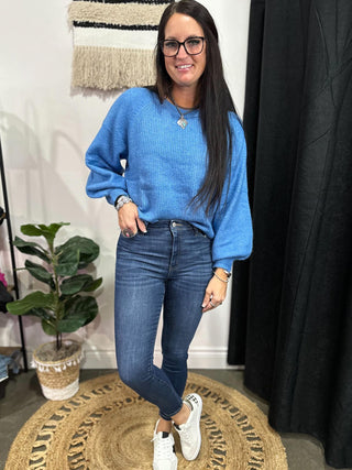 Amie Balloon Sleeve Knit Sweater Blue-Sweaters-rc-Motis & Co Boutique, Women's Fashion Boutique in Carthage, Missouri