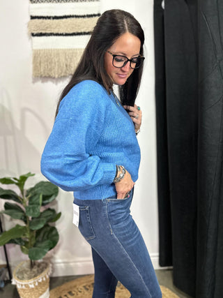 Amie Balloon Sleeve Knit Sweater Blue-Sweaters-rc-Motis & Co Boutique, Women's Fashion Boutique in Carthage, Missouri