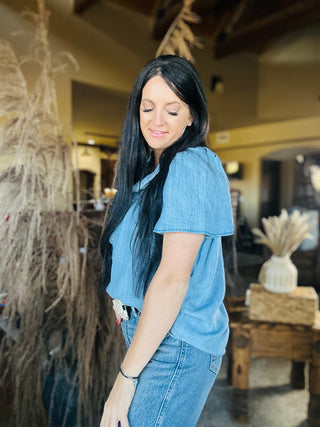 Dove Chambray Denim Ruffle Top-Short Sleeves-EASEL-Motis & Co Boutique, Women's Fashion Boutique in Carthage, Missouri