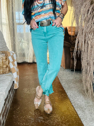 Outlaw Turquoise Cropped Jeans-Jeans-sterling kreek-Motis & Co Boutique, Women's Fashion Boutique in Carthage, Missouri