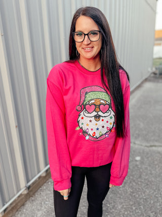 Heart Glasses Santa Sweatshirt Pink-Graphic Sweaters-rc-Motis & Co Boutique, Women's Fashion Boutique in Carthage, Missouri