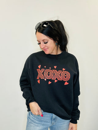 XOXO Black and Red Checkered Graphic Sweatshirt-Pullovers-Motis & CO-Motis & Co Boutique, Women's Fashion Boutique in Carthage, Missouri