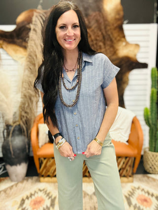 Sophia Navy Pin Stripe Linen Blouse-Short Sleeves-blu pepper-Motis & Co Boutique, Women's Fashion Boutique in Carthage, Missouri