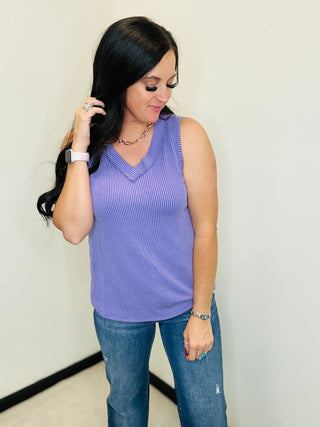 Remi Ribbed V Neck Tank Purple-sleeveless-Andree-Motis & Co Boutique, Women's Fashion Boutique in Carthage, Missouri