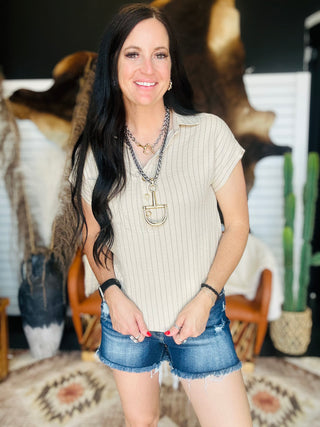 Emilia Striped Collared Cuff Sleeve Top-Short Sleeves-blu pepper-Motis & Co Boutique, Women's Fashion Boutique in Carthage, Missouri