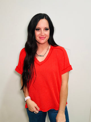 Shana Red Oversized Ribbed Top-Short Sleeves-Zenana-Motis & Co Boutique, Women's Fashion Boutique in Carthage, Missouri