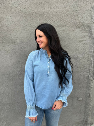 Dina Denim Long Sleeve Shirt-Long Sleeves-MOTIS-Motis & Co Boutique, Women's Fashion Boutique in Carthage, Missouri