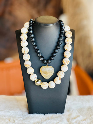 Aspen Black Beaded Tan Stone Heart Necklace-Necklace-What's Hot-Motis & Co Boutique, Women's Fashion Boutique in Carthage, Missouri