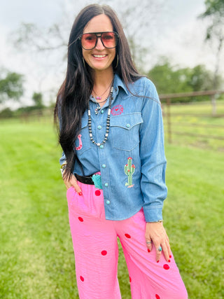Patsy Western Denim Button Down Blouse-Long Sleeves-Taelynn-Motis & Co Boutique, Women's Fashion Boutique in Carthage, Missouri