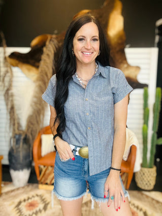 Sophia Navy Pin Stripe Linen Blouse-Short Sleeves-blu pepper-Motis & Co Boutique, Women's Fashion Boutique in Carthage, Missouri