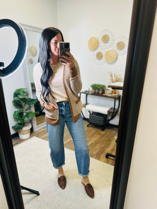 Tessa Camel Mini Pinstripe Cardigan-Cardigans-staccato-Motis & Co Boutique, Women's Fashion Boutique in Carthage, Missouri