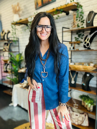 Cassie Classic Blue Button Down Blouse-Long Sleeves-Urban Daizy-Motis & Co Boutique, Women's Fashion Boutique in Carthage, Missouri