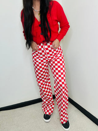 Demi Red Checkered Jeans-Pants-Papermoon-Motis & Co Boutique, Women's Fashion Boutique in Carthage, Missouri