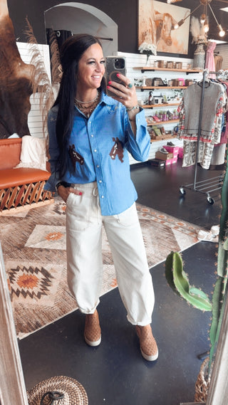 Lena Western Denim Embroidery Shirt-Long Sleeves-Taelynn-Motis & Co Boutique, Women's Fashion Boutique in Carthage, Missouri