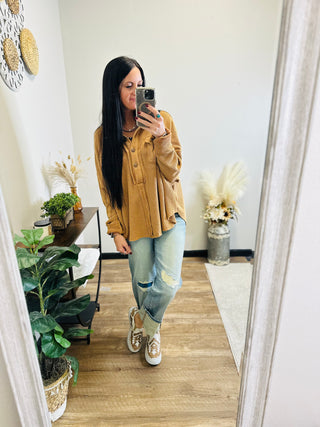 Cedar Oversize Waffle Henley-Long Sleeves-Blue Velvet-Motis & Co Boutique, Women's Fashion Boutique in Carthage, Missouri