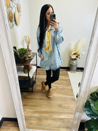 Chambray Denim Button Down Shirt-Long Sleeves-Blue Velvet-Motis & Co Boutique, Women's Fashion Boutique in Carthage, Missouri