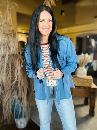 Daisy Denim Pearl Snap Blouse-Long Sleeves-Star Drop-Motis & Co Boutique, Women's Fashion Boutique in Carthage, Missouri