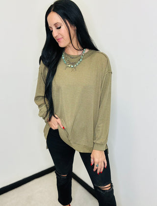 Oversized Long Sleeve Waffle Knit Top in Olive - Noel-Long Sleeves-Andree by Unit-Motis & Co Boutique, Women's Fashion Boutique in Carthage, Missouri