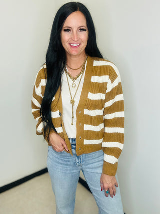 Button Front Striped Cardigan in Brown - Matilda-Cardigans-HYFVE-Motis & Co Boutique, Women's Fashion Boutique in Carthage, Missouri