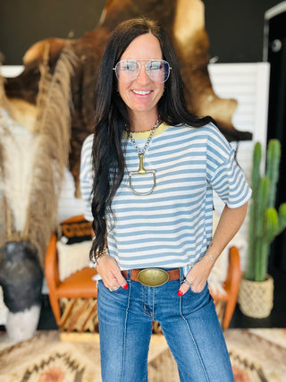 Edie Dusty Blue Striped Casual Short Sleeve Tee-Short Sleeves-blu pepper-Motis & Co Boutique, Women's Fashion Boutique in Carthage, Missouri