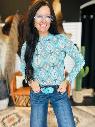 Trina Turquoise Aztec Print Mesh Top-Long Sleeves-Lucky & Blessed-Motis & Co Boutique, Women's Fashion Boutique in Carthage, Missouri