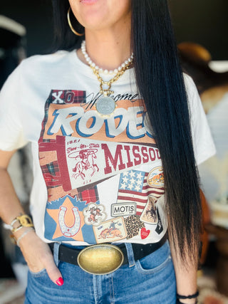 XOXO Missouri Pennant Patch Rodeo Tee-Graphic Tees-XOXO ART & Co-Motis & Co Boutique, Women's Fashion Boutique in Carthage, Missouri
