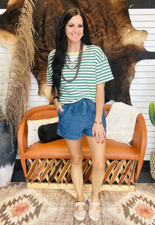 Edie Green Striped Casual Short Sleeve Tee-Short Sleeves-blu pepper-Motis & Co Boutique, Women's Fashion Boutique in Carthage, Missouri