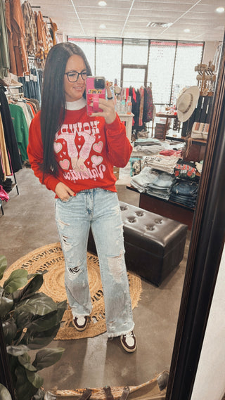 Howdy Valentine Red Sweatshirt-Graphic Sweaters-Motis & CO-Motis & Co Boutique, Women's Fashion Boutique in Carthage, Missouri