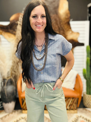Sophia Navy Pin Stripe Linen Blouse-Short Sleeves-blu pepper-Motis & Co Boutique, Women's Fashion Boutique in Carthage, Missouri