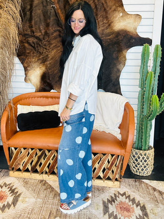 Quentin Polka Dot Denim Barrel Jeans-Jeans-BiBi-Motis & Co Boutique, Women's Fashion Boutique in Carthage, Missouri
