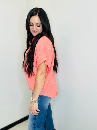 Elsie Coral Gauze Button Down Blouse-Short Sleeves-GiGiO-Motis & Co Boutique, Women's Fashion Boutique in Carthage, Missouri