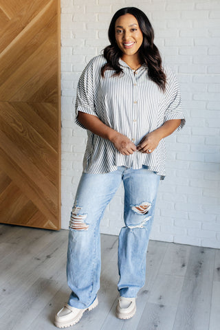 Boxy Striped Button Up in Black-Short Sleeves-Ave Shops-Motis & Co Boutique, Women's Fashion Boutique in Carthage, Missouri