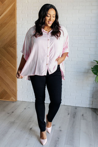 Boxy Striped Button Up in Hot Pink-Short Sleeves-Ave Shops-Motis & Co Boutique, Women's Fashion Boutique in Carthage, Missouri