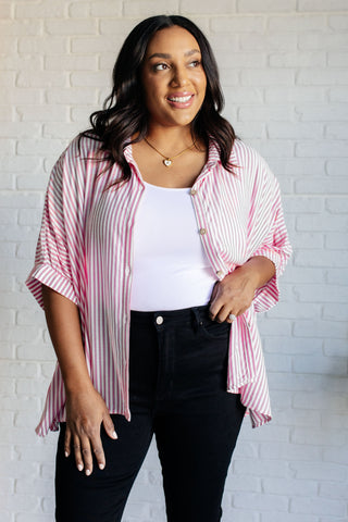 Boxy Striped Button Up in Hot Pink-Short Sleeves-Ave Shops-Motis & Co Boutique, Women's Fashion Boutique in Carthage, Missouri