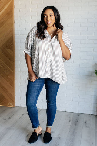 Boxy Striped Button Up in Mocha-Short Sleeves-Ave Shops-Motis & Co Boutique, Women's Fashion Boutique in Carthage, Missouri