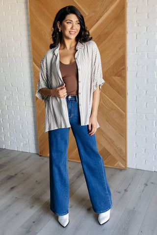 Boxy Striped Button Up in Mocha-Short Sleeves-Ave Shops-Motis & Co Boutique, Women's Fashion Boutique in Carthage, Missouri