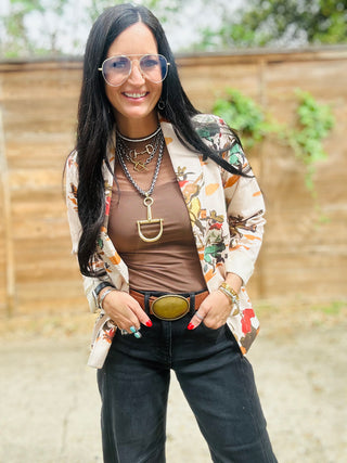 Wagon Wheel Western Print Blazer-Blazers-Howdy Hanny-Motis & Co Boutique, Women's Fashion Boutique in Carthage, Missouri