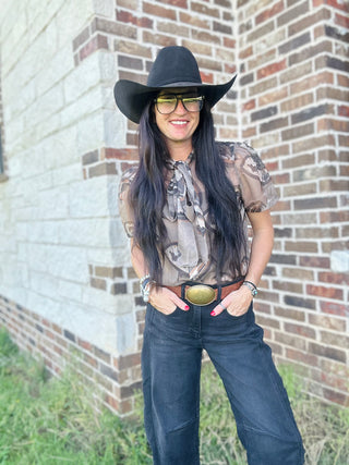 Ten Gallon Drip Sheer Western Blouse-Short Sleeves-2 Fly-Motis & Co Boutique, Women's Fashion Boutique in Carthage, Missouri