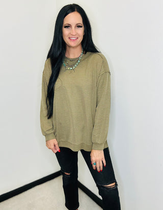Oversized Long Sleeve Waffle Knit Top in Olive - Noel-Long Sleeves-Andree by Unit-Motis & Co Boutique, Women's Fashion Boutique in Carthage, Missouri