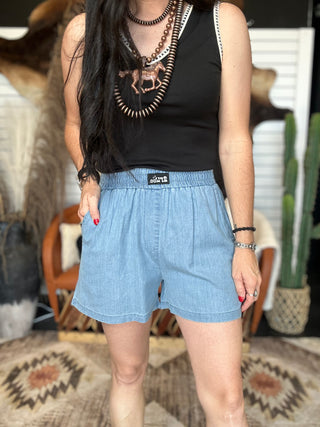 Denim Dally Boxer Style Shorts-Shorts-2 Fly-Motis & Co Boutique, Women's Fashion Boutique in Carthage, Missouri