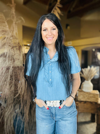 Dove Chambray Denim Ruffle Top-Short Sleeves-EASEL-Motis & Co Boutique, Women's Fashion Boutique in Carthage, Missouri