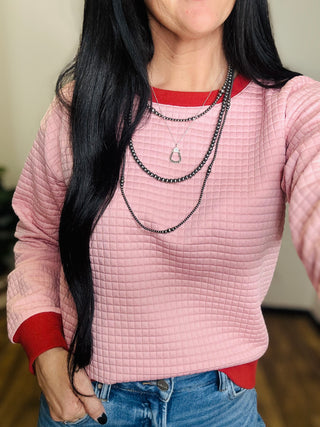 Hope Quilted Crew Neck Pullover -Pink-Pullovers-staccato-Motis & Co Boutique, Women's Fashion Boutique in Carthage, Missouri