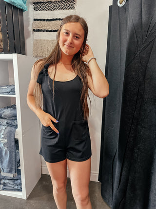 Rhonda Tie Shoulder Black Short Romper-Jumpsuits & Rompers-Very J-Motis & Co Boutique, Women's Fashion Boutique in Carthage, Missouri