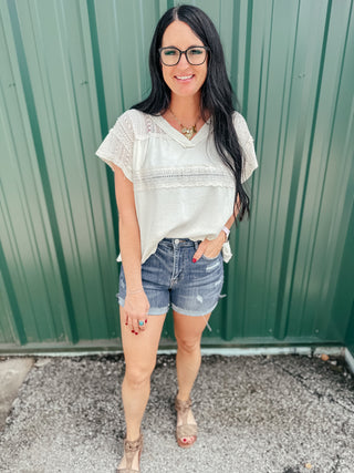 Indy Ivory Short Sleeve Crochet Trim Top-Short Sleeves-POL-Motis & Co Boutique, Women's Fashion Boutique in Carthage, Missouri