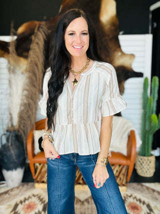 Leslie Striped Bell Sleeve Blouse-Short Sleeves-blu pepper-Motis & Co Boutique, Women's Fashion Boutique in Carthage, Missouri