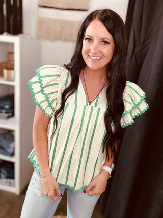 Sophie Green Stripe V-Neck Ruffle Sleeve Top-Short Sleeves-Entro-Motis & Co Boutique, Women's Fashion Boutique in Carthage, Missouri