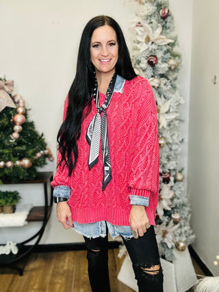 Cable Knit Sweater in Raspberry - Iris-Sweaters-EASEL-Motis & Co Boutique, Women's Fashion Boutique in Carthage, Missouri