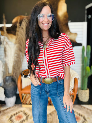 Kendra Red Striped Button Front Top-Short Sleeves-blu pepper-Motis & Co Boutique, Women's Fashion Boutique in Carthage, Missouri