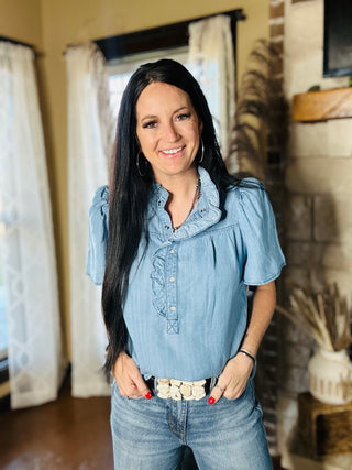 Dove Chambray Denim Ruffle Top-Short Sleeves-EASEL-Motis & Co Boutique, Women's Fashion Boutique in Carthage, Missouri